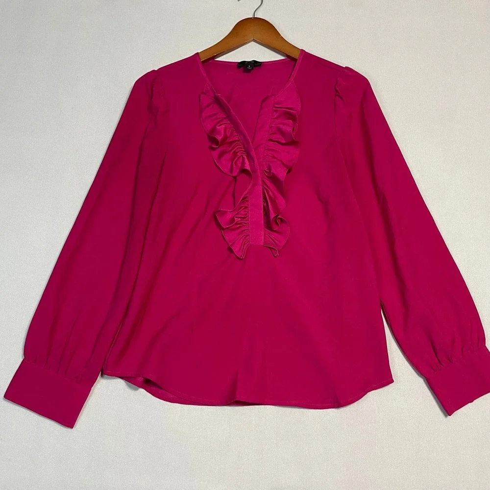 J. Crew Women's Pink Ruffle Front‎ Long Sleeve V Neck Blouse Shirt Top - Size S